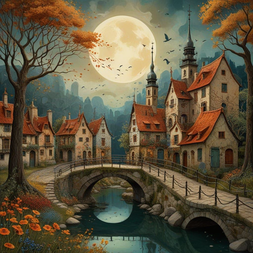 Whimsical Art Nouveau Village Scene in Vibrant Colors