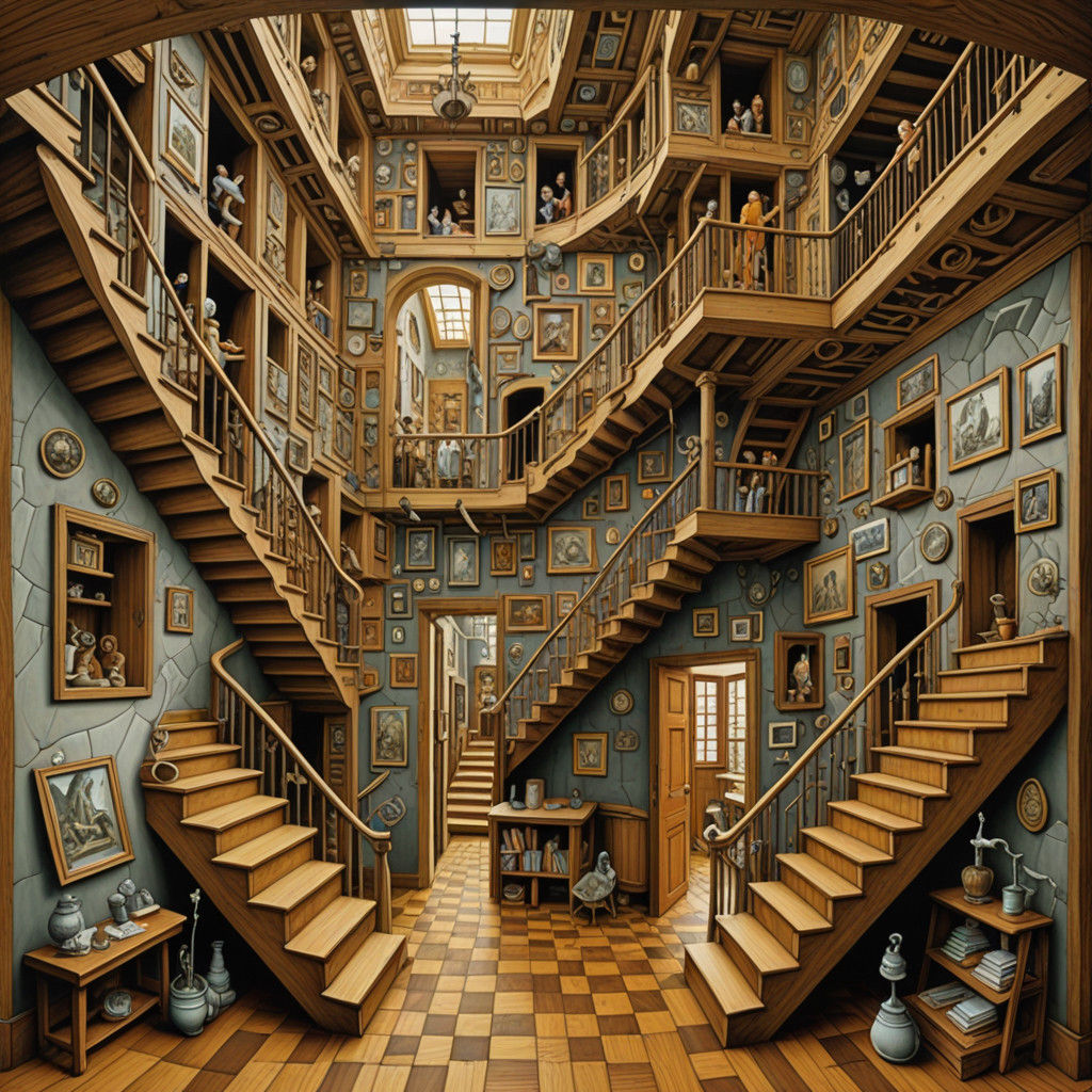 Surreal Stairwell Odyssey in Mixed Media