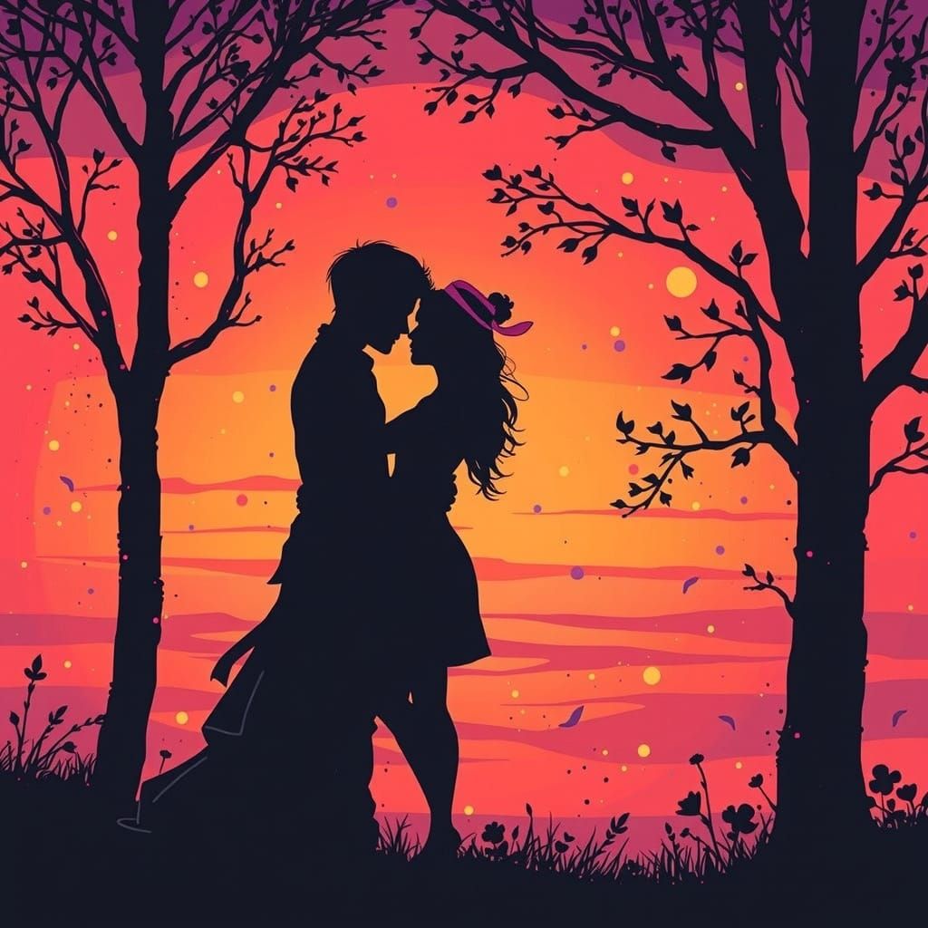 Silhouette Couple Embrace at Sunrise in Whimsical Style