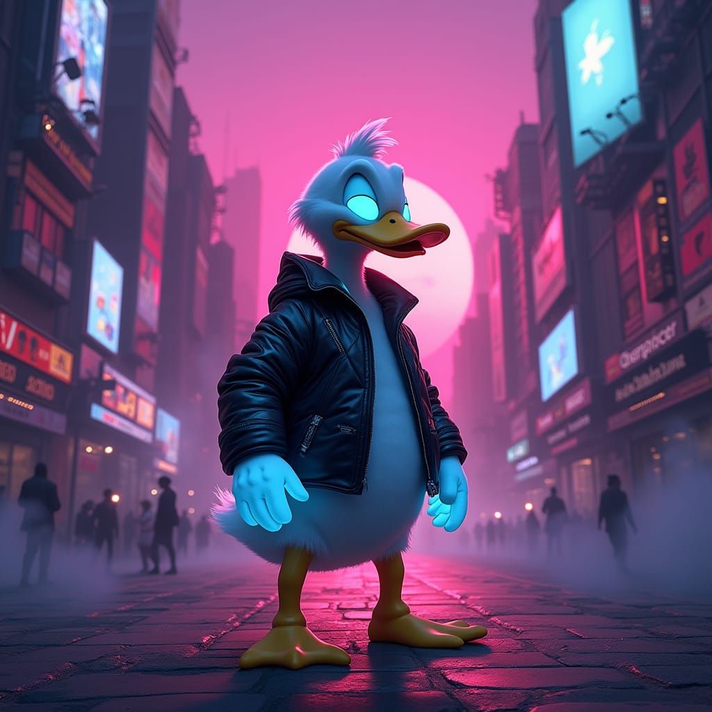 Donald Duck in Futuristic, Neon Cityscape
