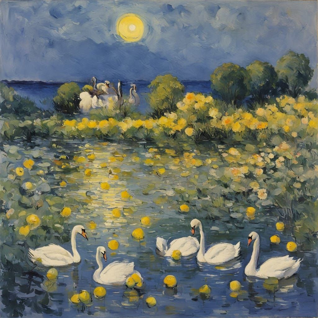 Lakeside Scene with Swans in Impressionistic Style
