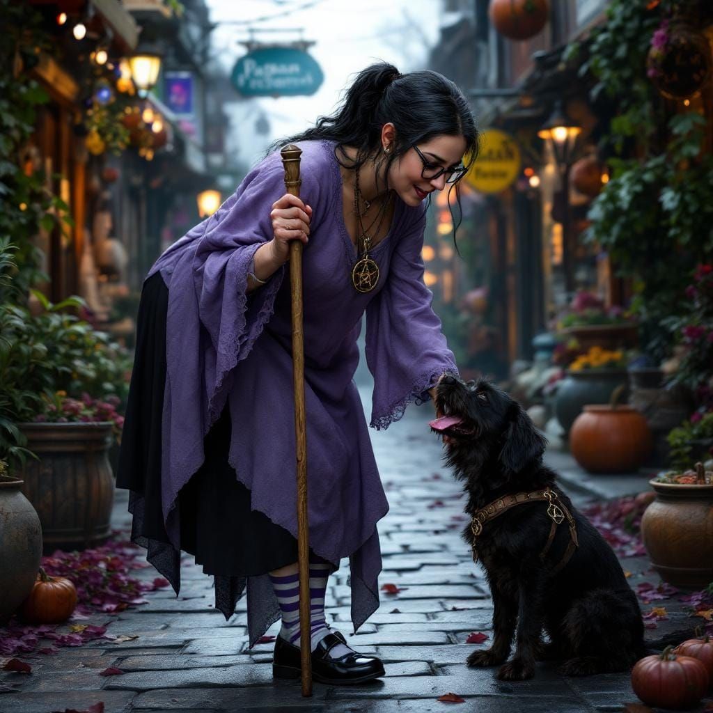 Woman Petting Dog in Pagan Street, Art Nouveau Style