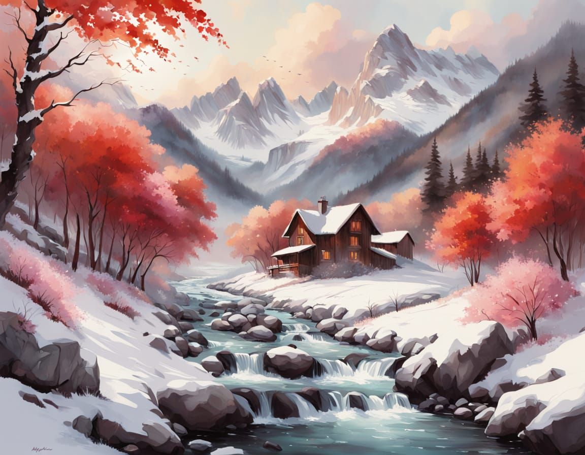 Alpine Village Watercolor Painting with Red Maple