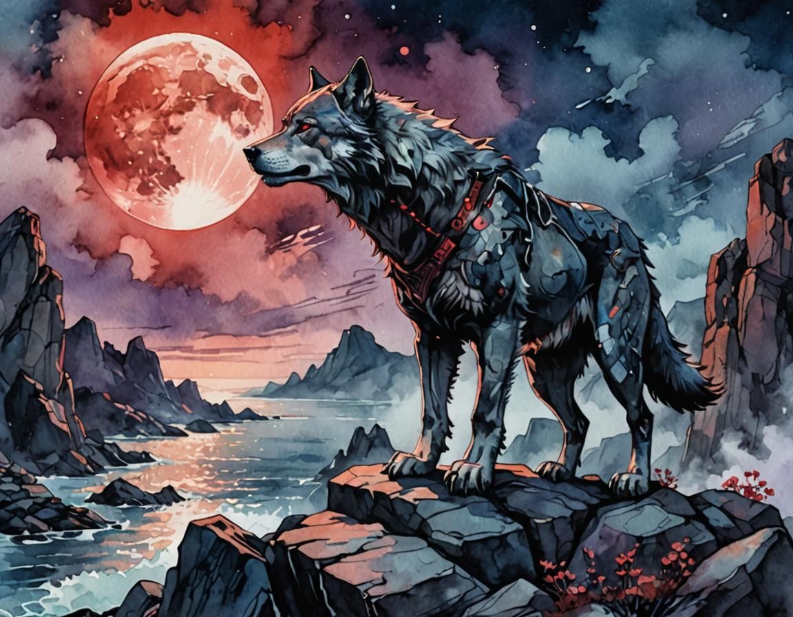 Cyborg Wolf Howling at Moon as Digital Art