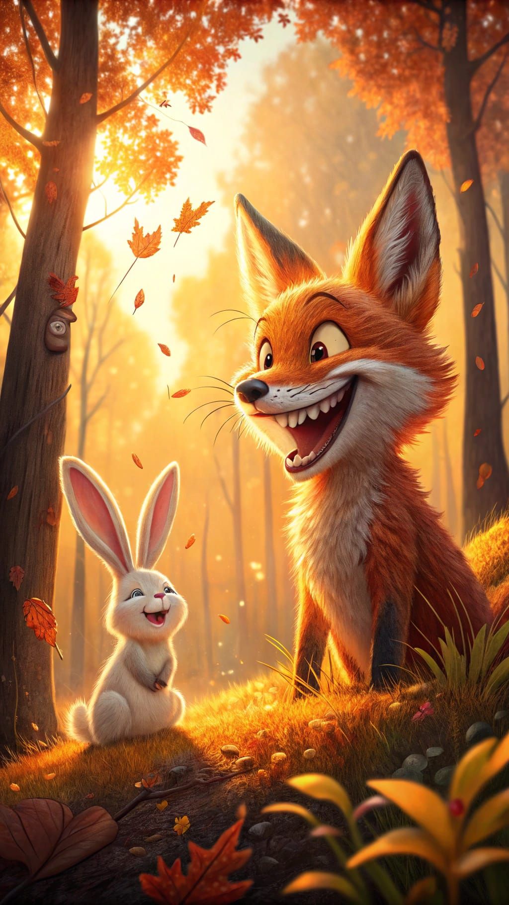 Whimsical Autumn: Playful Bunny and Fox Illustration