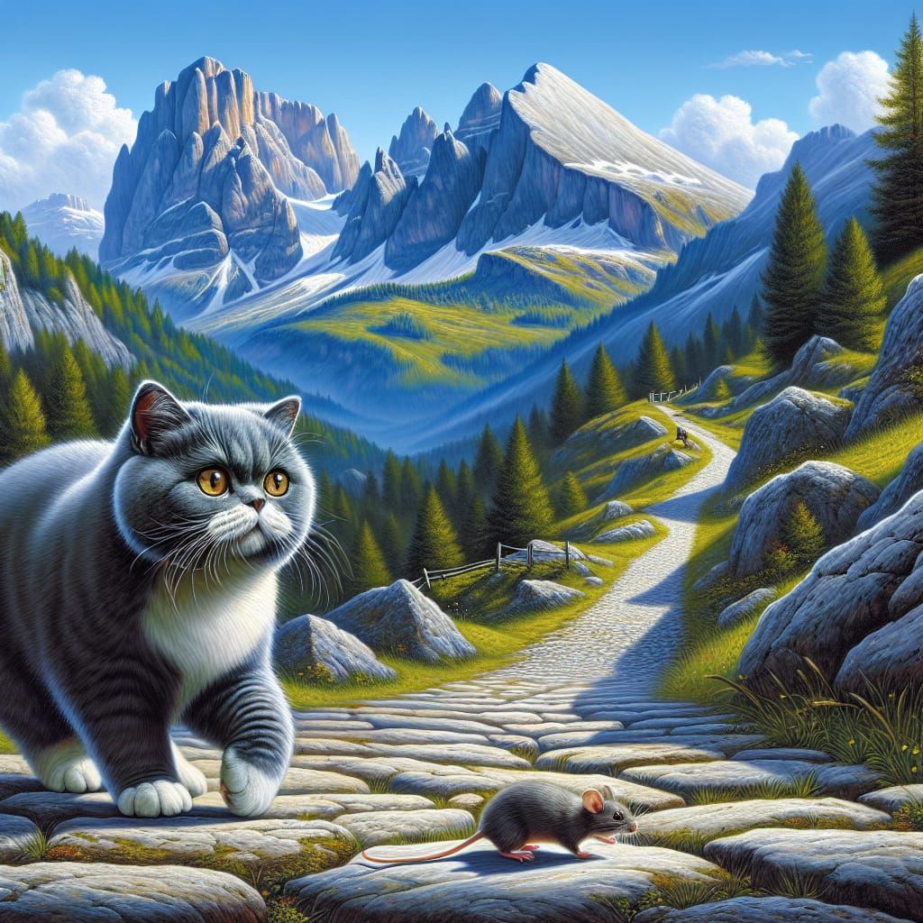 Cat and Mouse in the Alps: Oil Painting