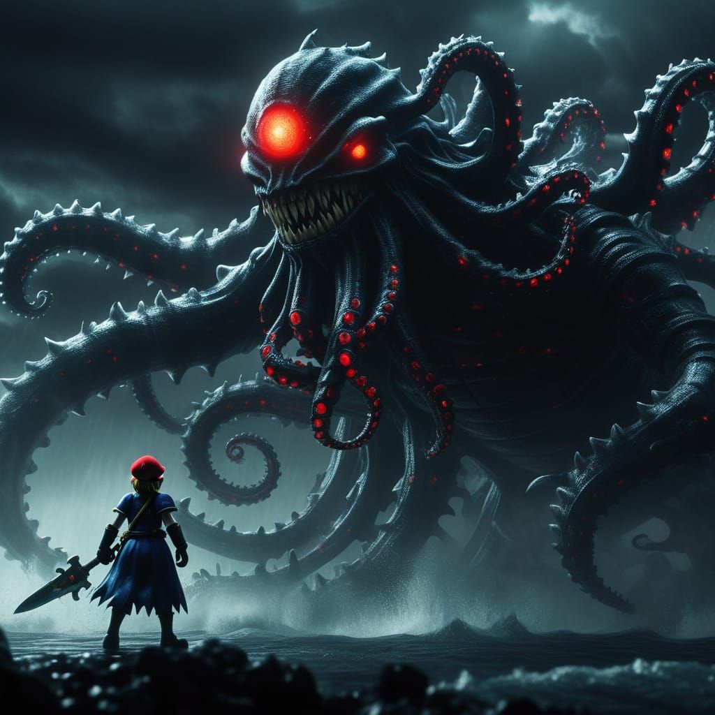 Mario & Shadow Queen vs. Bloop Leviathan in Dark Fantasy