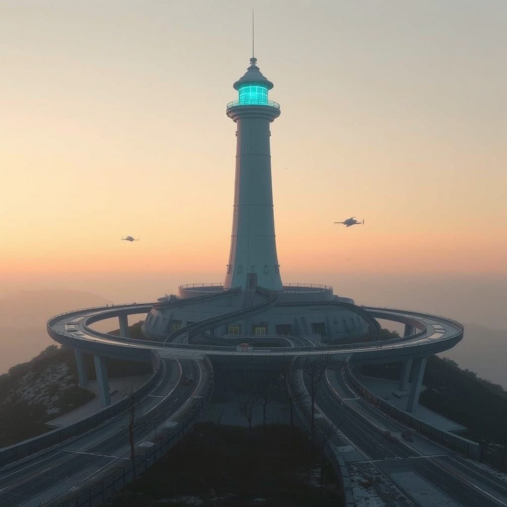 Dystopian Futuristic Lighthouse in Dawn's Early Light