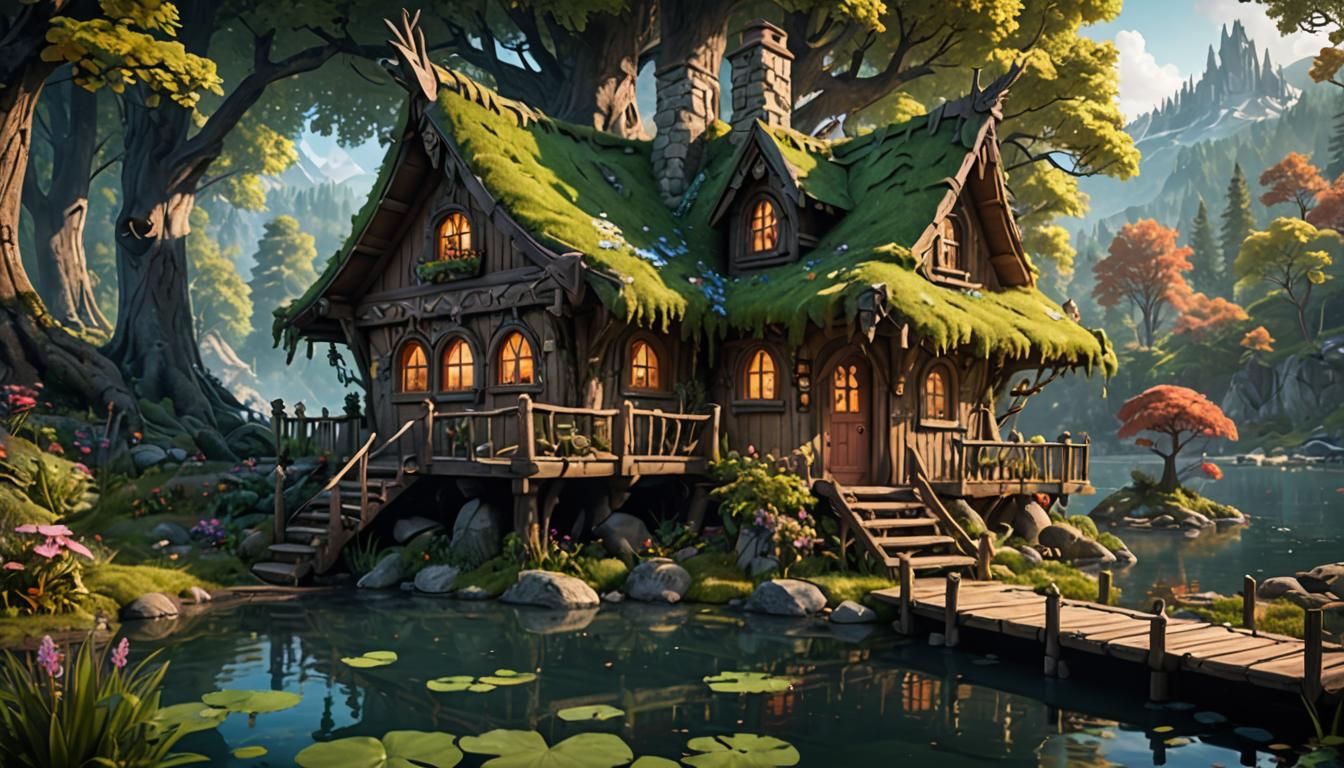 Cozy Fairy Cabin in Woods: Fantasy Concept Art
