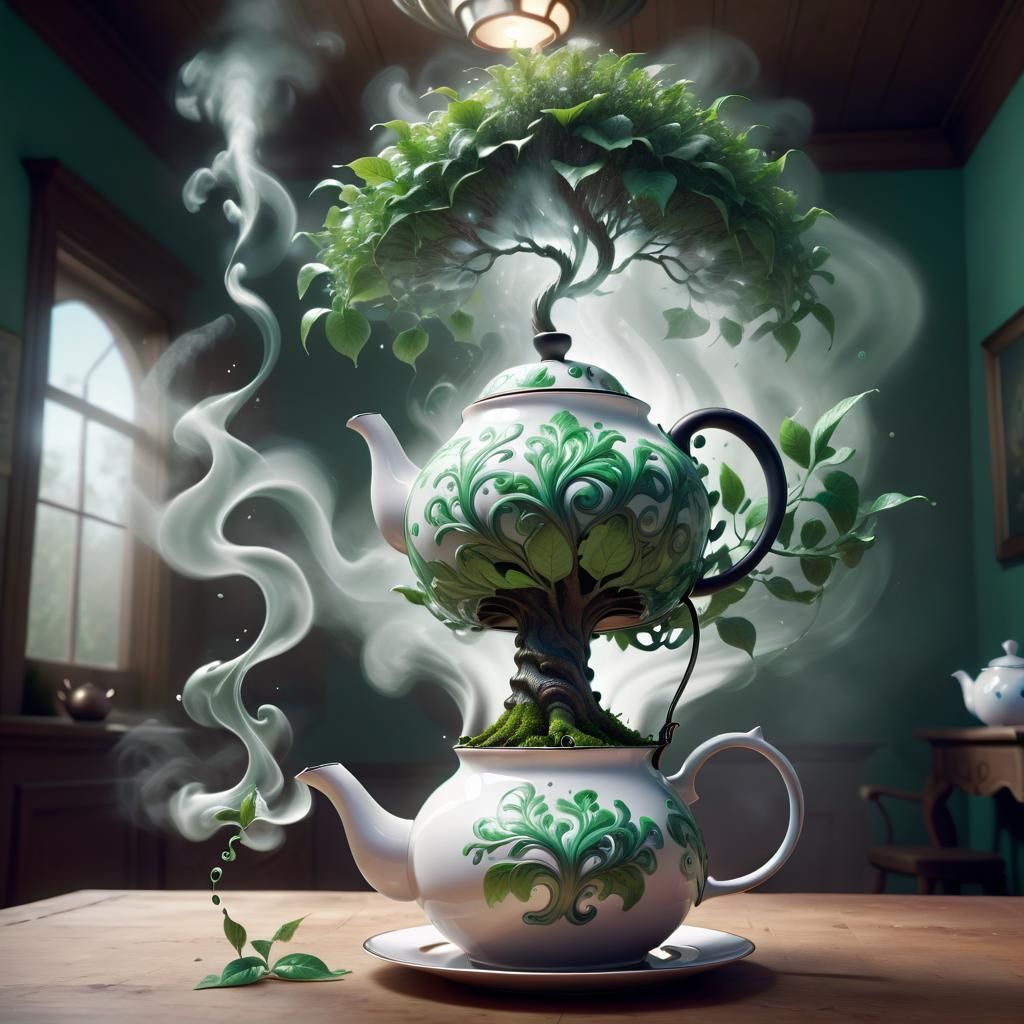 Surreal Tree Growing From Teapot in Dreamlike Haze