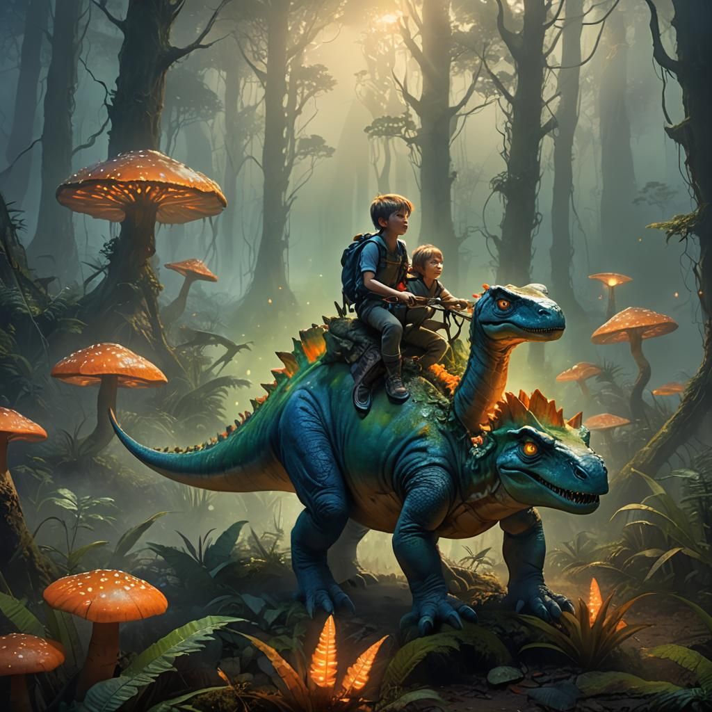 Child Rides Dinosaur Through Misty Ancient Forest