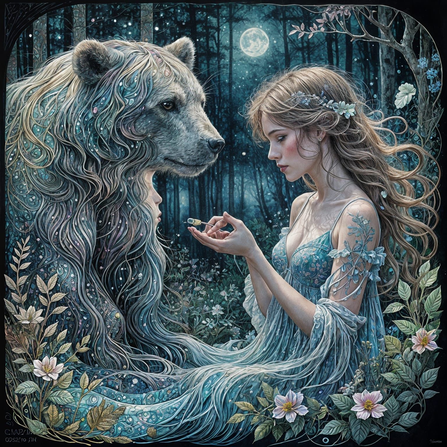 Whimsical Encounter: Young Girls Meet a Majestic Bear in the...