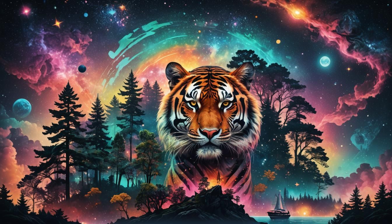 Intergalactic Tiger: Double Exposure in Watercolor Style