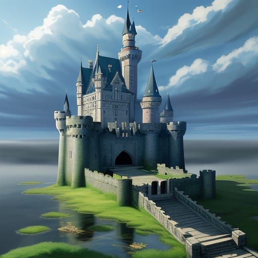 Castle with a draw bridge and a moat situated on an island in the clouds