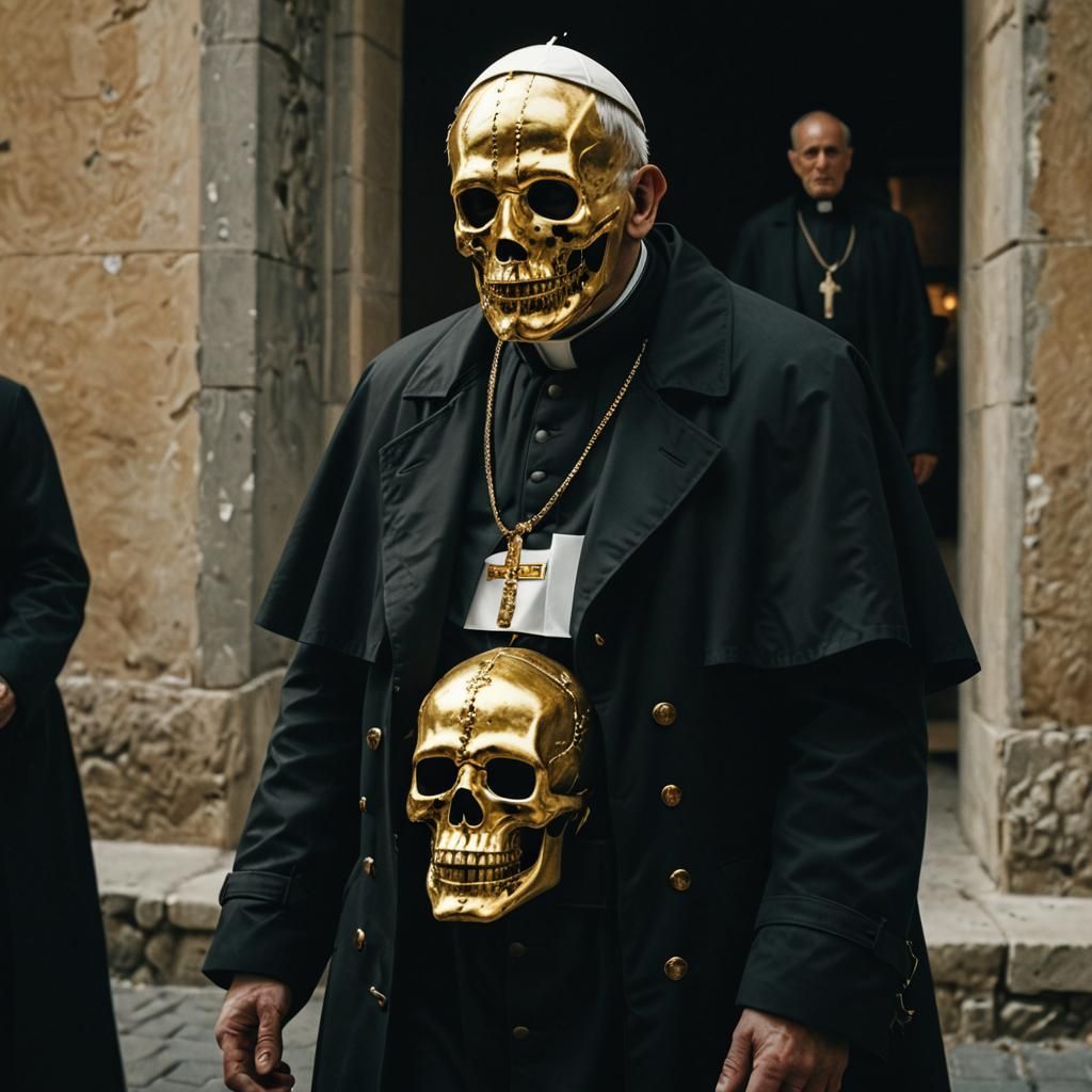 Pope with Golden Skull Mask in Cinematic Style