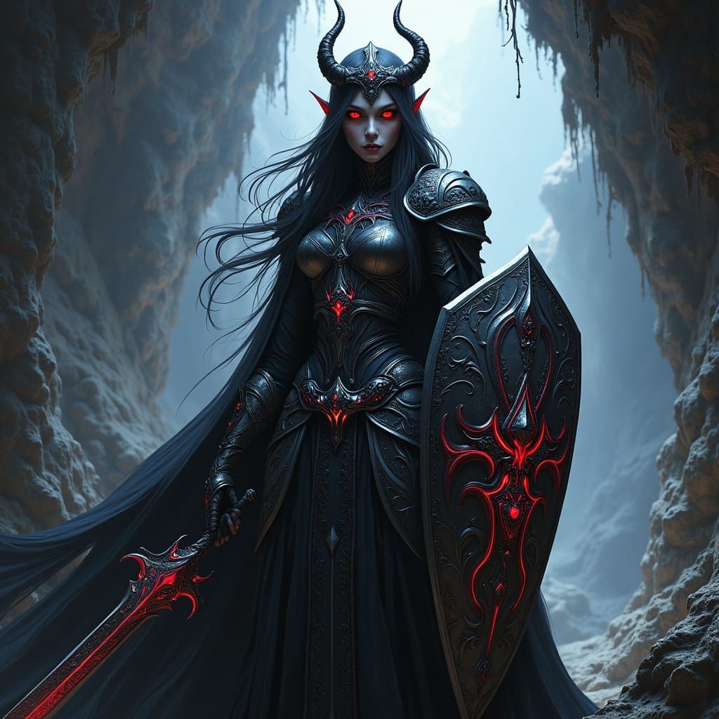 Drow Elf Paladin in Fungi-Lit Cave, Digital Art