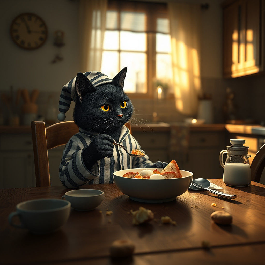 Black Cat Breakfast in Hyper-Realistic 3D Style