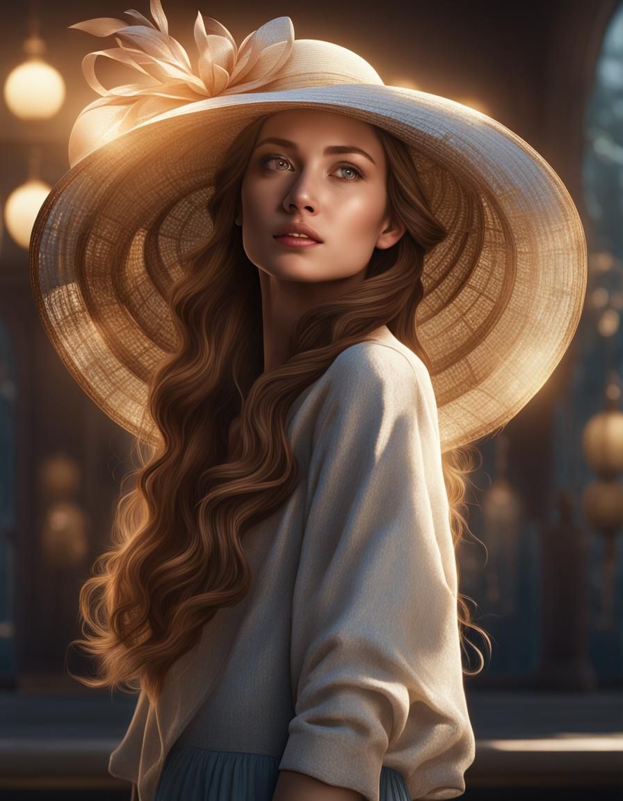 Hyperrealistic Young Lady with Unique Hat in 8K