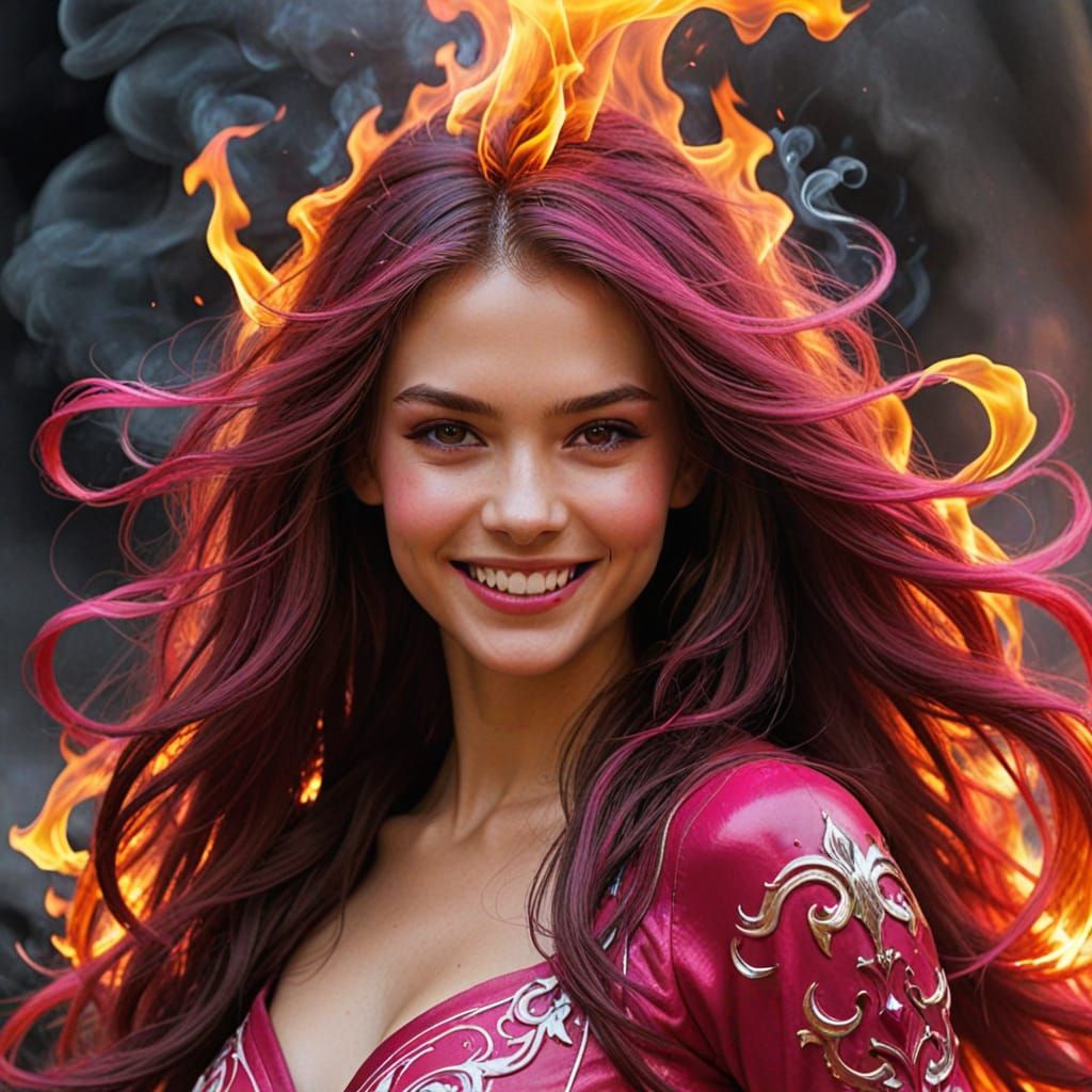 Mystical Fire Goddess Radiates Joy in Vibrant Colors