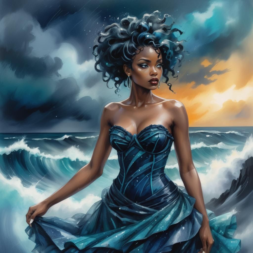 African American Hurricane Goddess in Watercolor Style