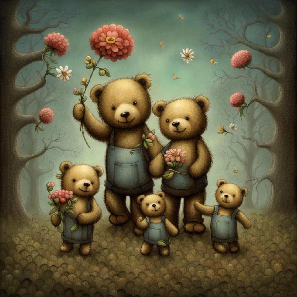 Teddy Bear Family Picking Flowers at Dusk