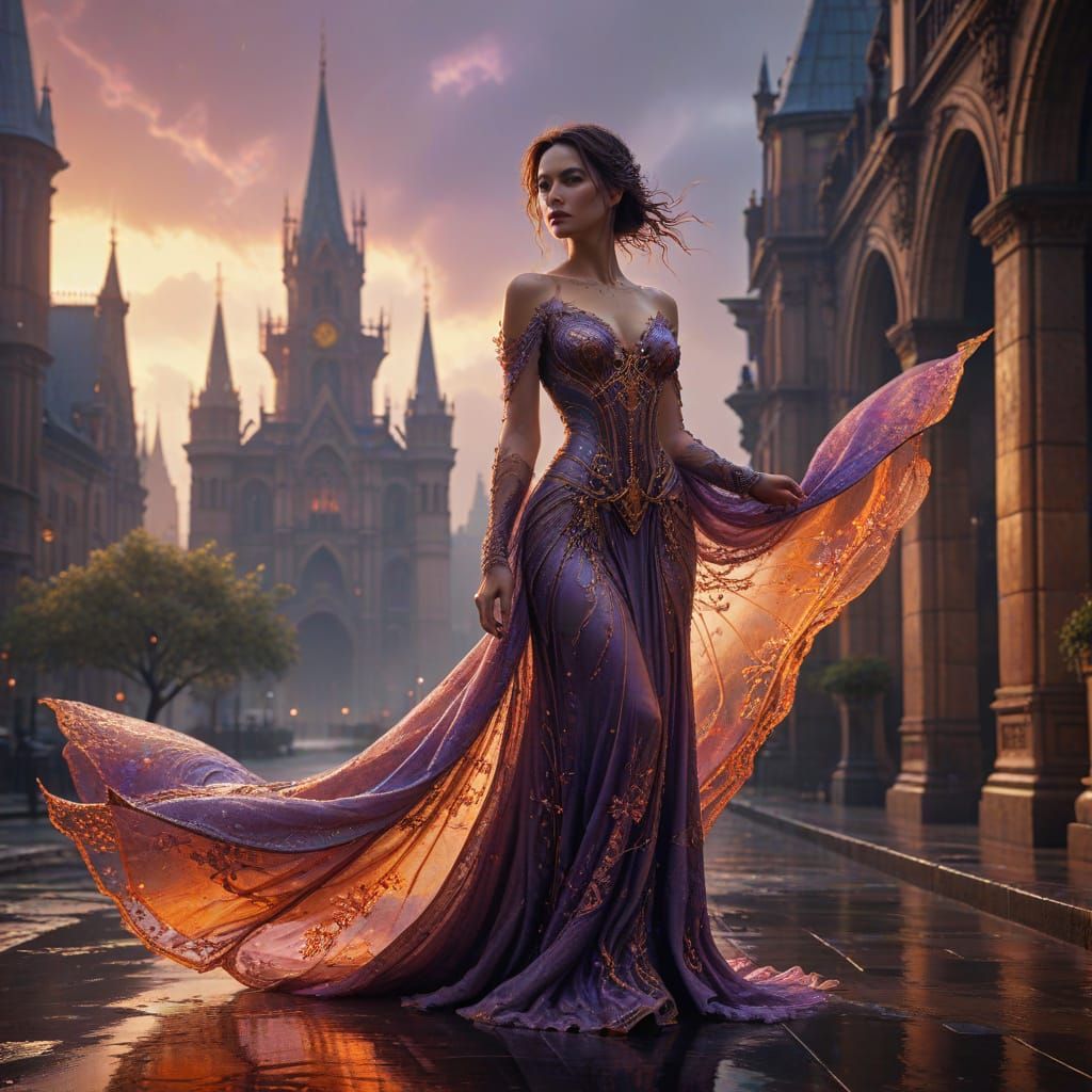 Ethereal Goddess Amidst Flaming Cityscape in Art Nouveau Sty...