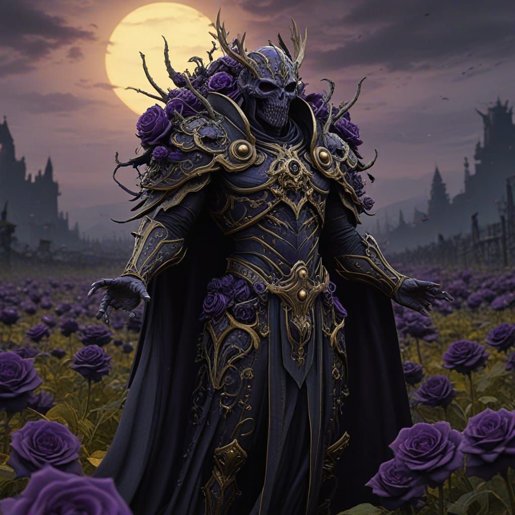Dark Fantasy Monarch in a Field of Black Roses