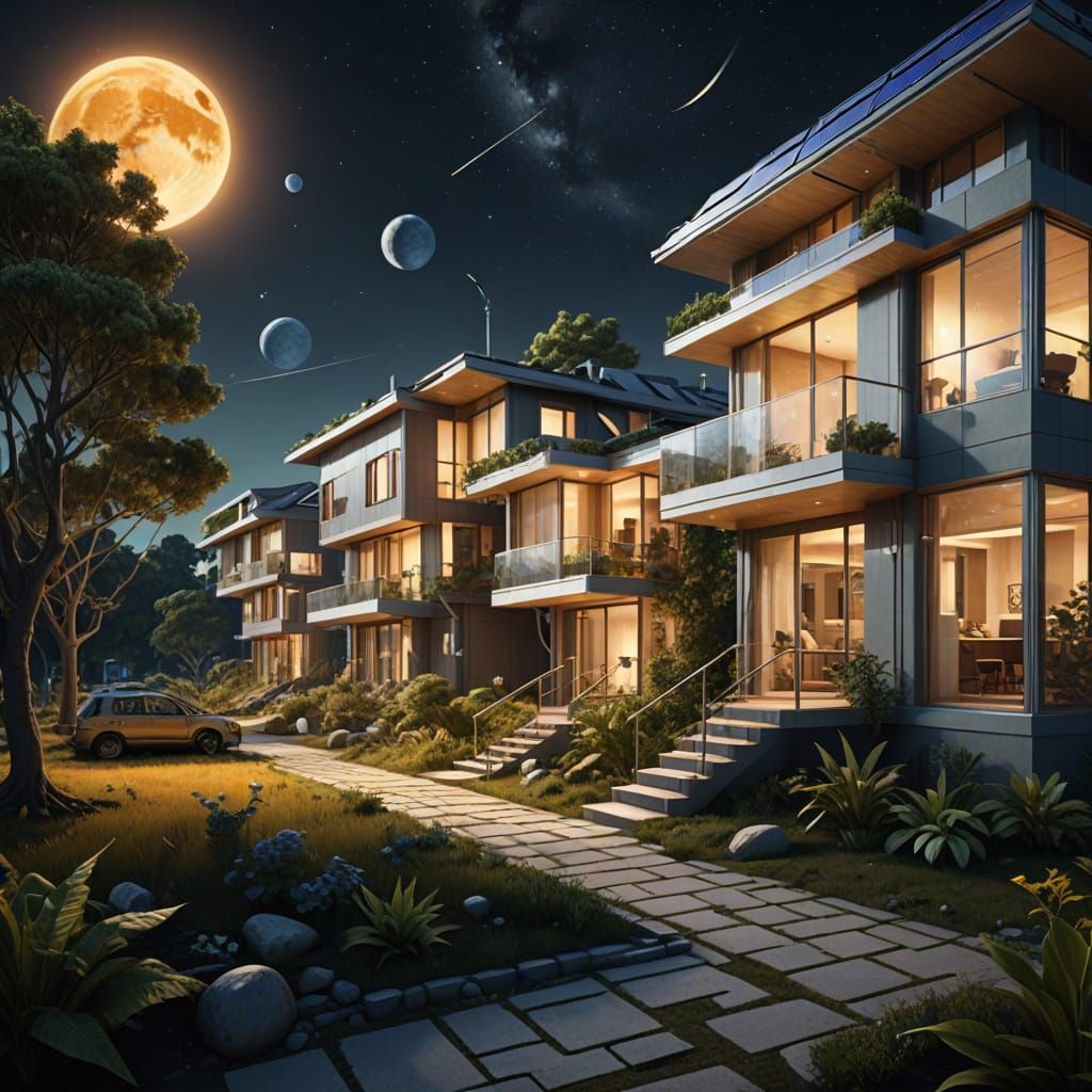 Surreal Futuristic Moon Village in Solarpunk Style