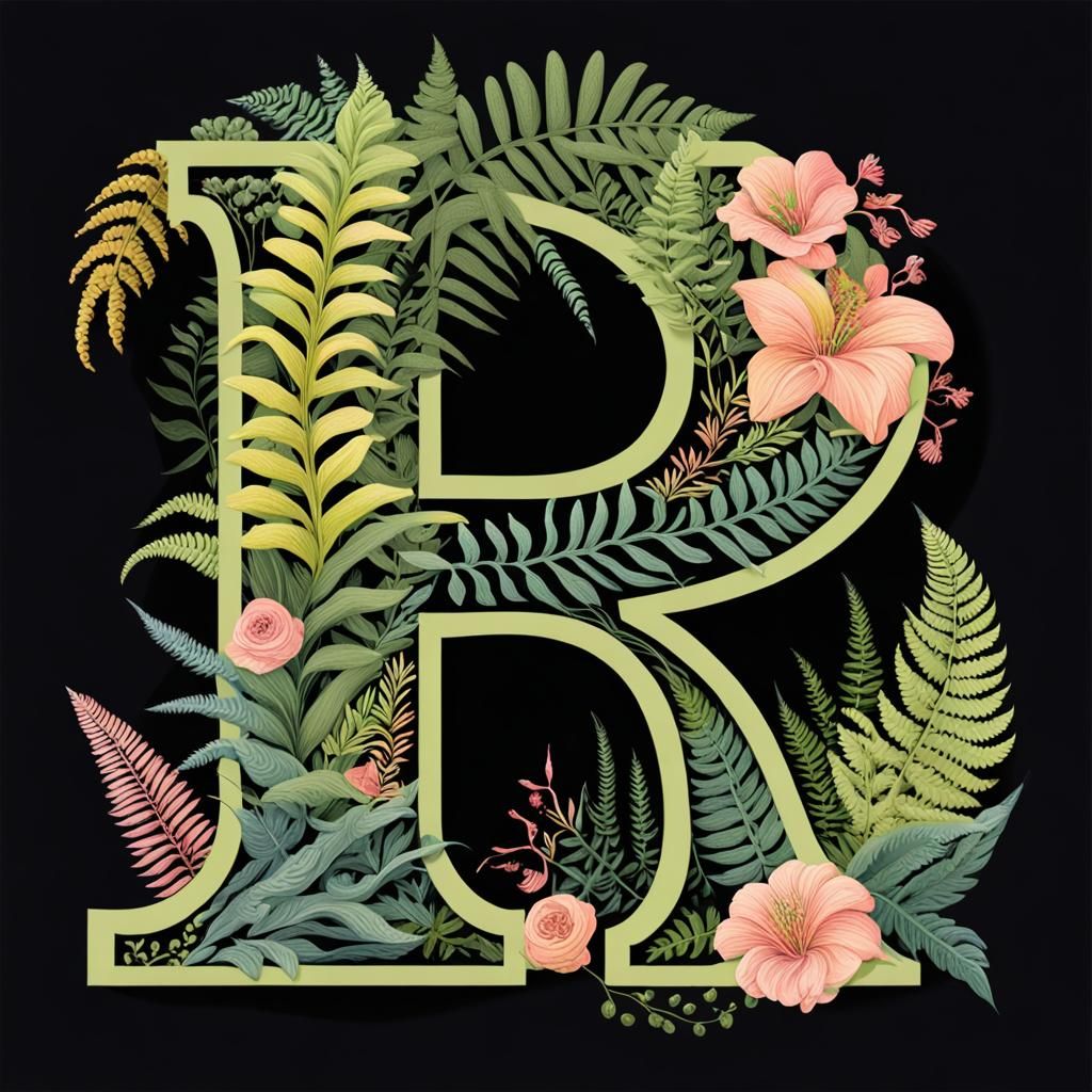 Bold Letter R Amongst Ferns and Flowers