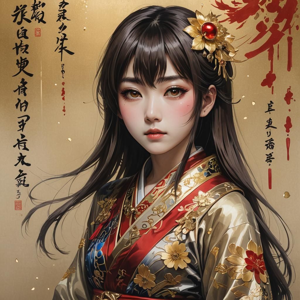 Japanese Woman in Red and Gold Costume, Fantasy Art