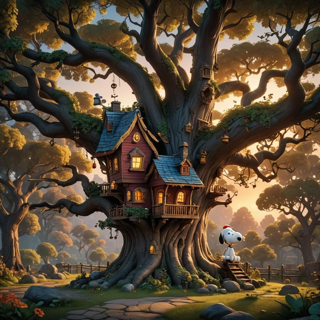 Snoopy's House on a Tree at Sunset
