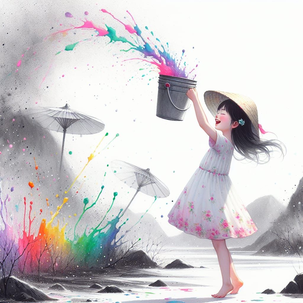 Girl Transforms Landscape with Watercolor Paint