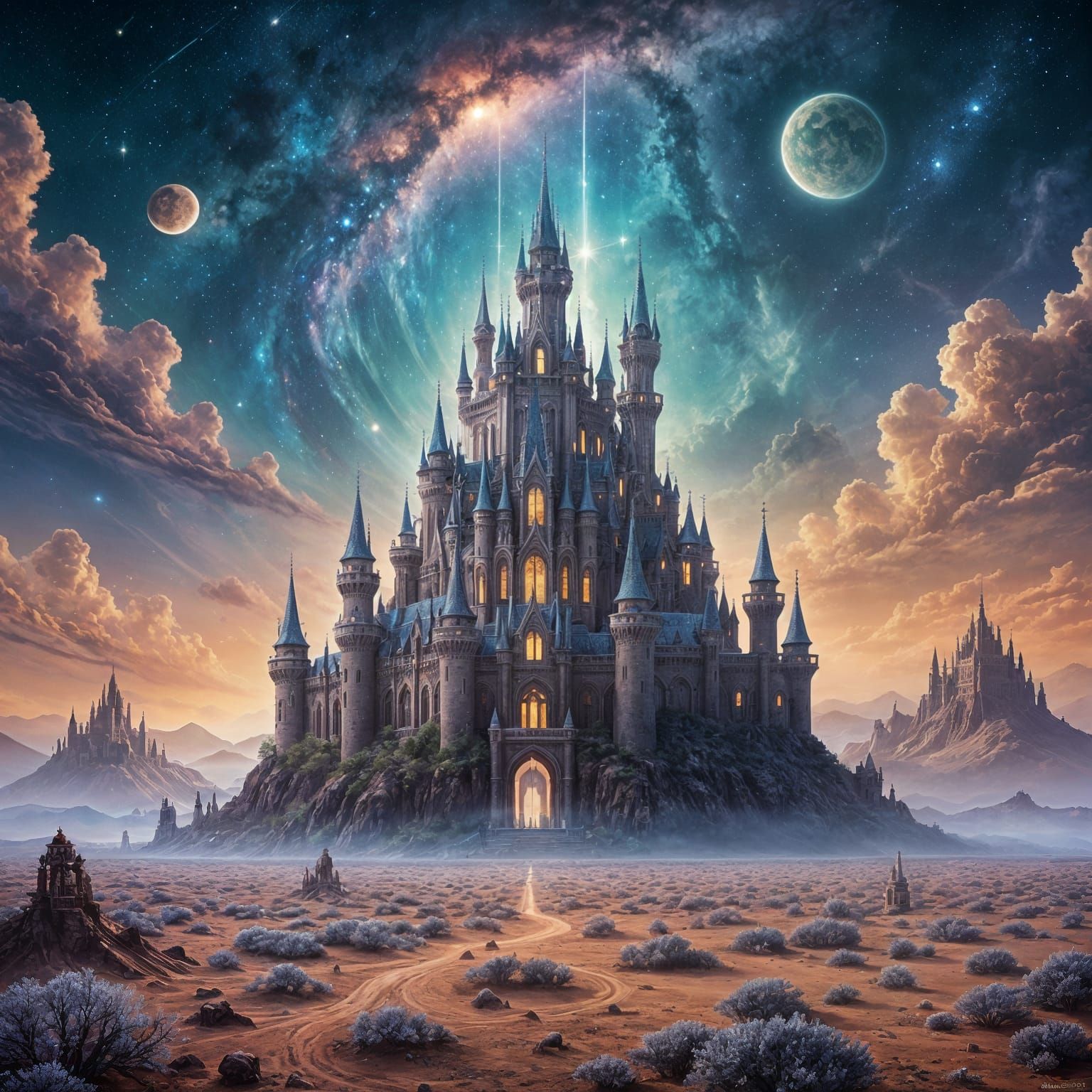 Ethereal Castle Floating in Cosmic Nebula Sky