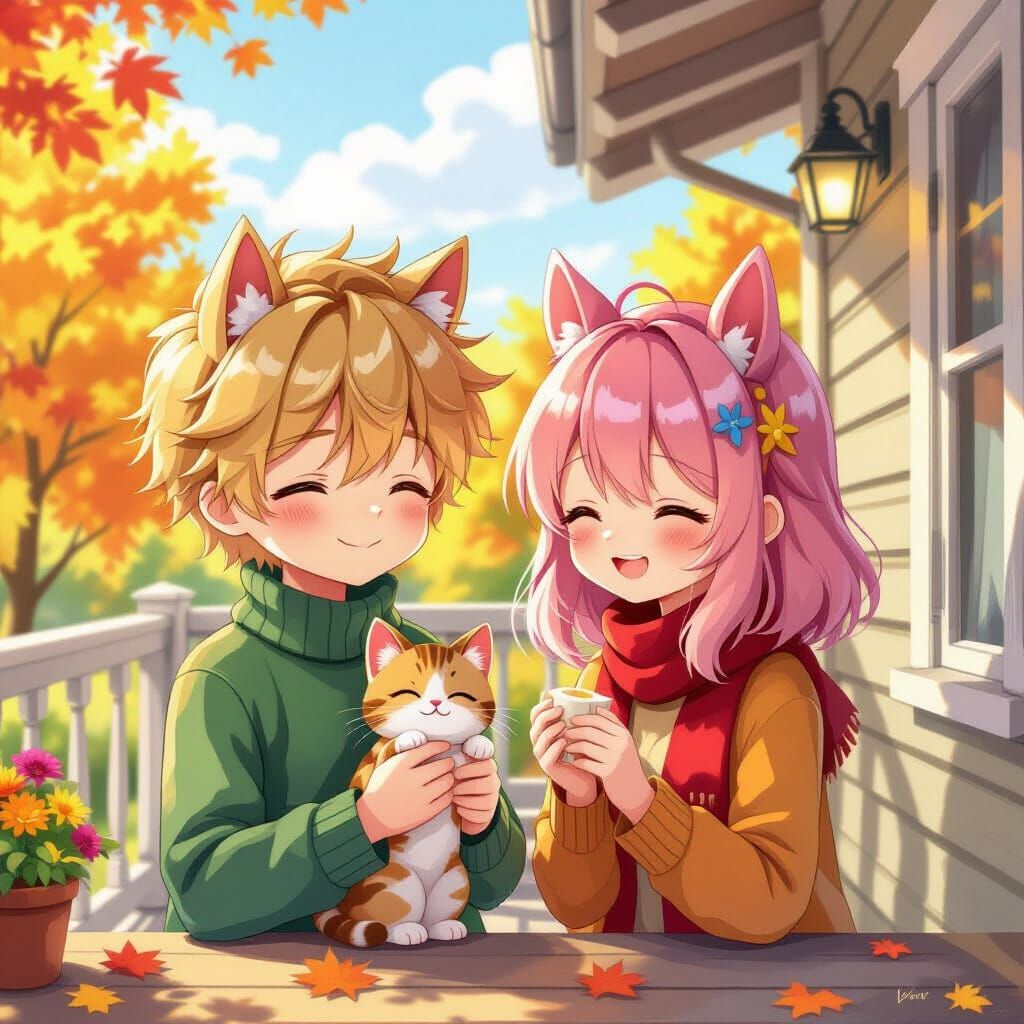 Anime Couple with Kitten on Veranda, Autumn Morning