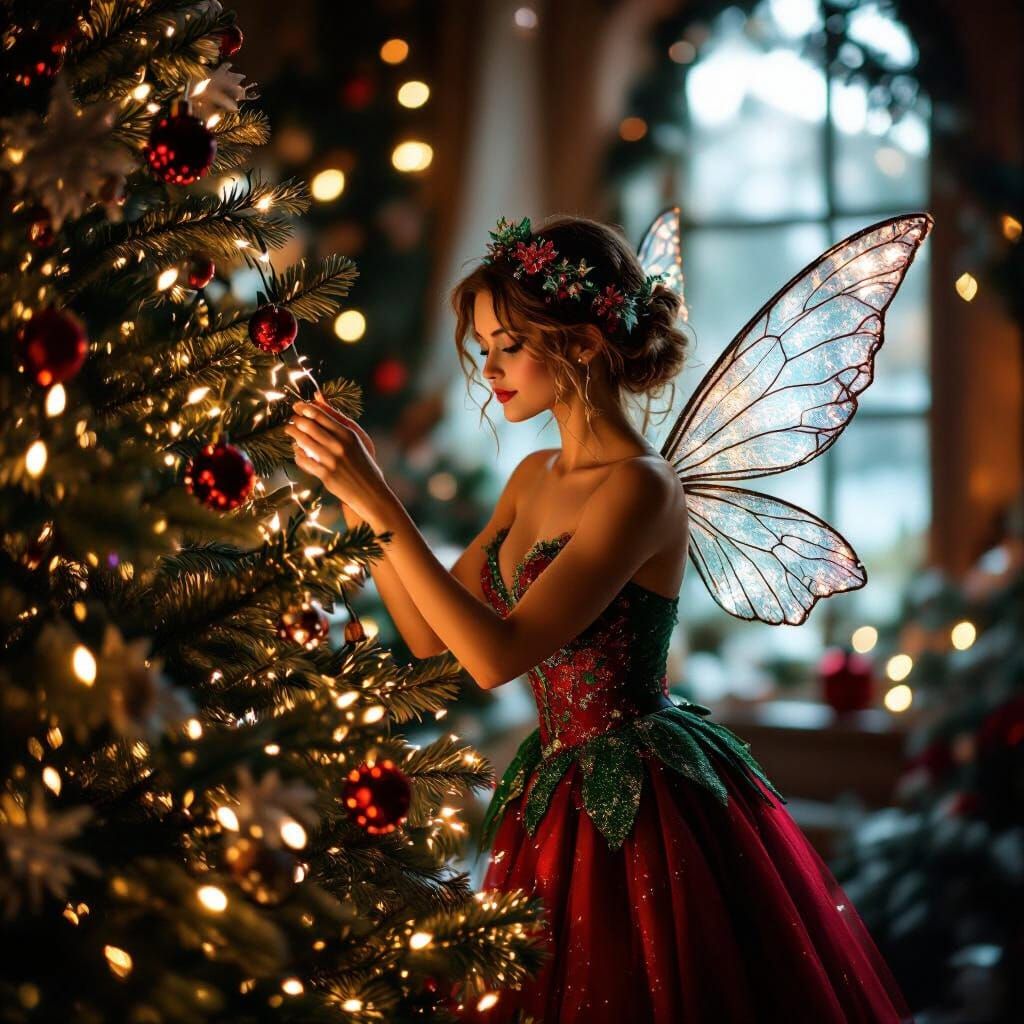 Christmas Fairy Decorates Tree with Twinkling Lights