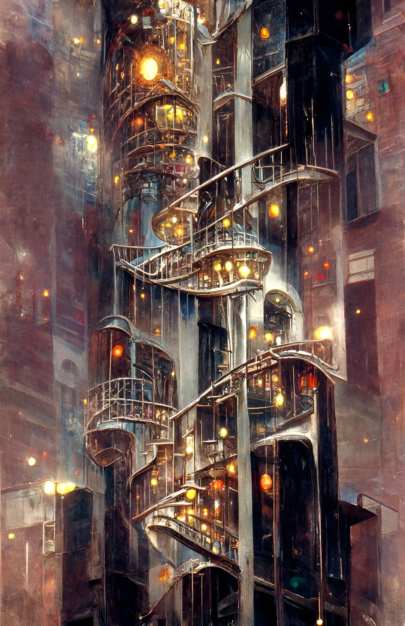 Neo-Noir Cityscape with Spiral Staircases