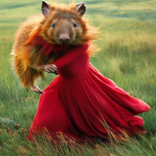 a hyper-realistic wombat with long red hair and wearing a long red dress, dancing on a grassy hill like Kate Bush in Wut...
