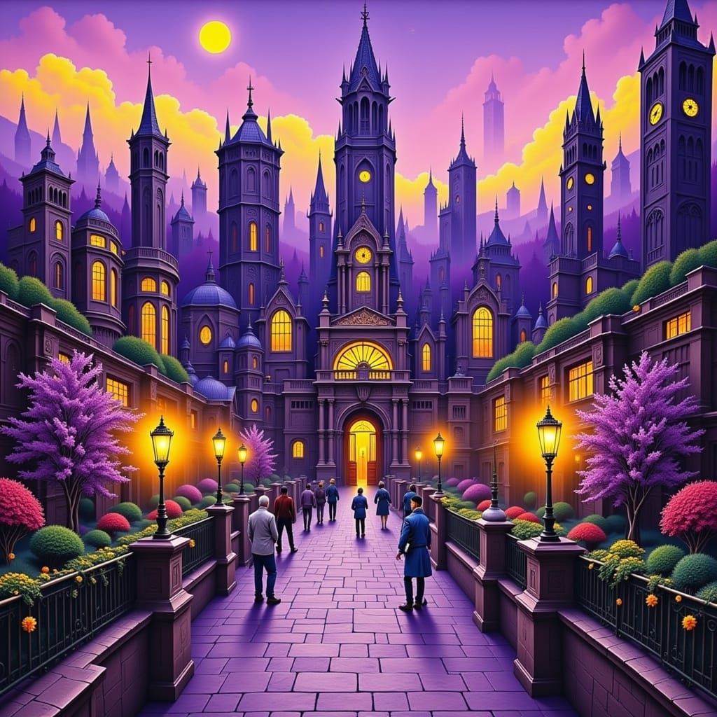Surreal Purple and Yellow Cityscape in Flux Style