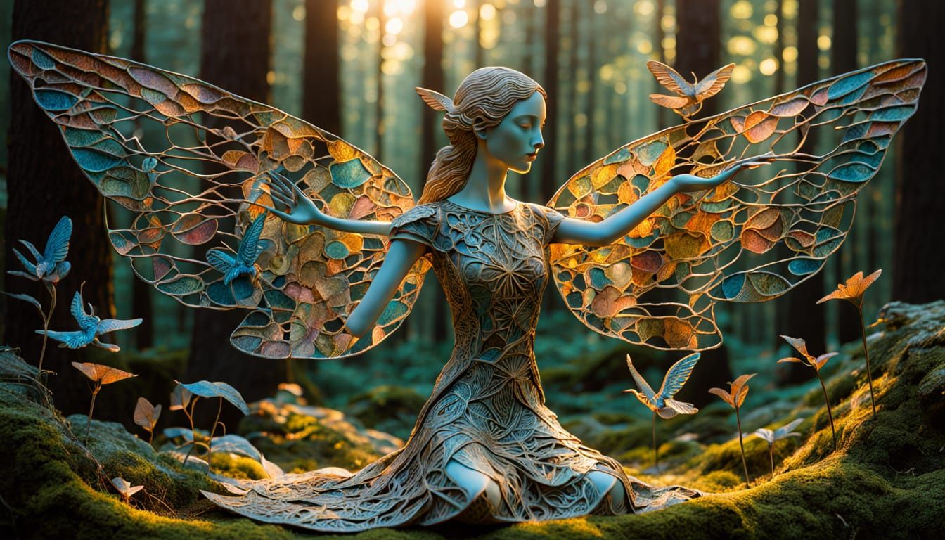 Surreal Woman with Iridescent Wings Rises from Whimsical For...