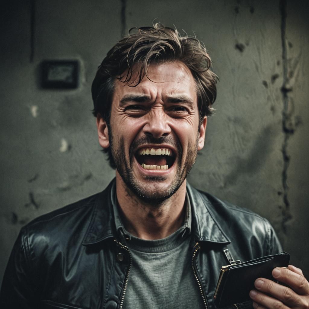 Man in Seizure with Wallet Between Teeth in Cinematic Film S...