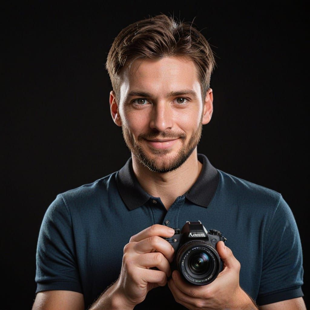 Confident Photographer with Telephoto Lens and Gentle Smile