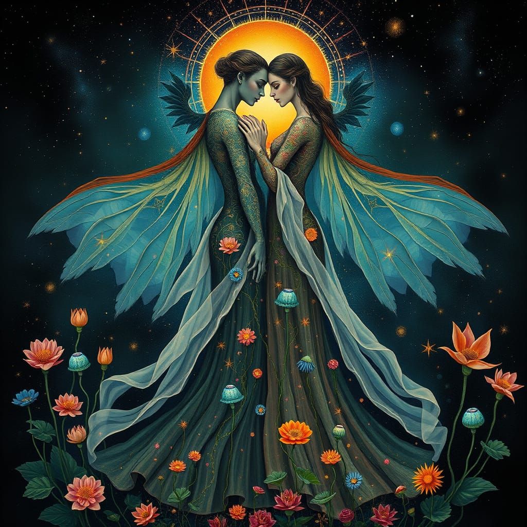 Cosmic Surrealist Dreamscapes: Intertwined Figures in Vibran...