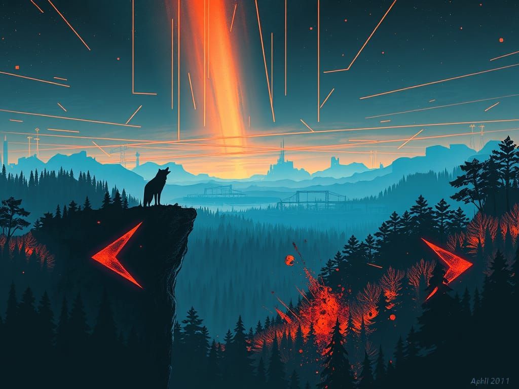 Lone Wolf in Silent Forest with Neon Sky