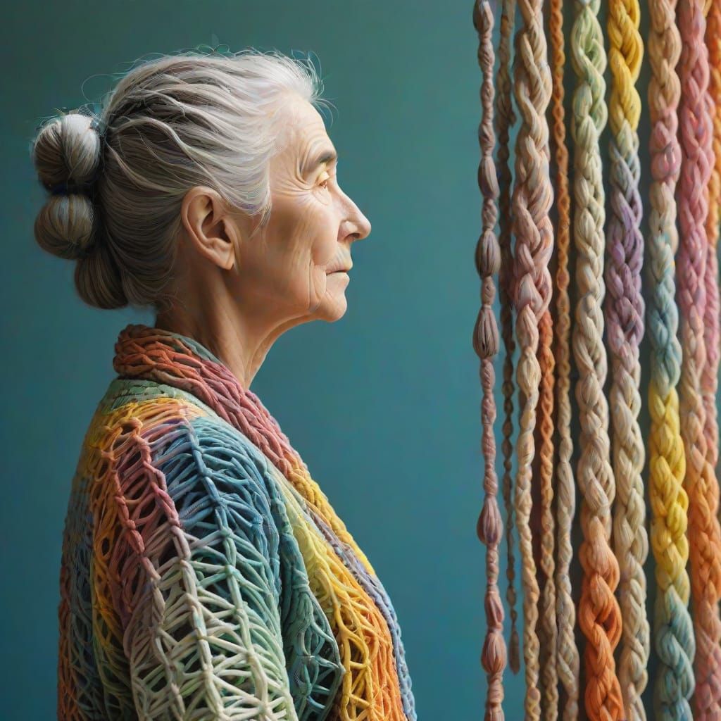 Woman in Macramé Garment with Pastel Gradients