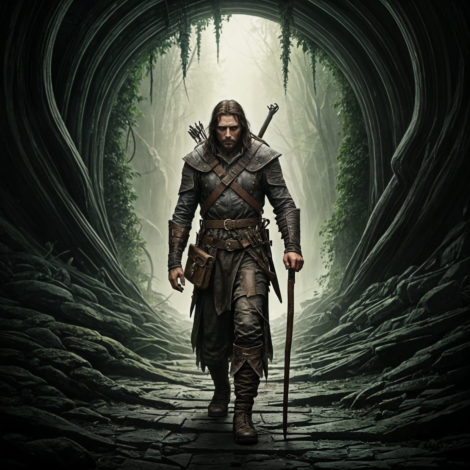 A lone male traveller, his long brown hair, wearing a worn t...