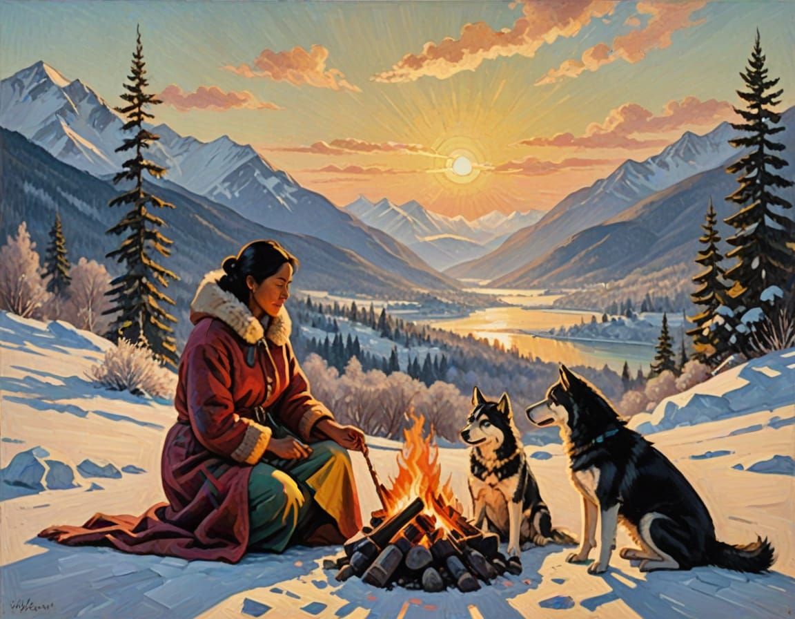 Native Woman Seeks Solace by Campfire in Winter Wonderland