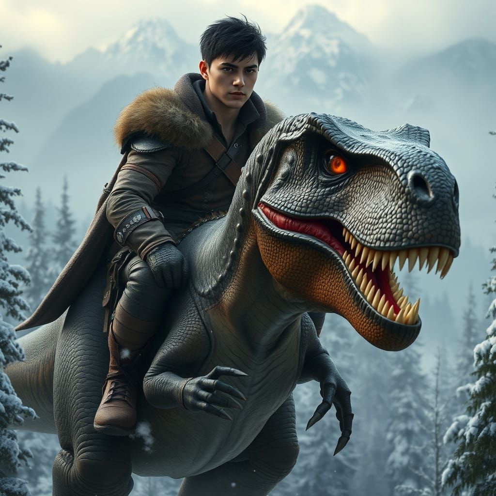 Cyberpunk Dino Rider in Snowy, Mystical Landscape