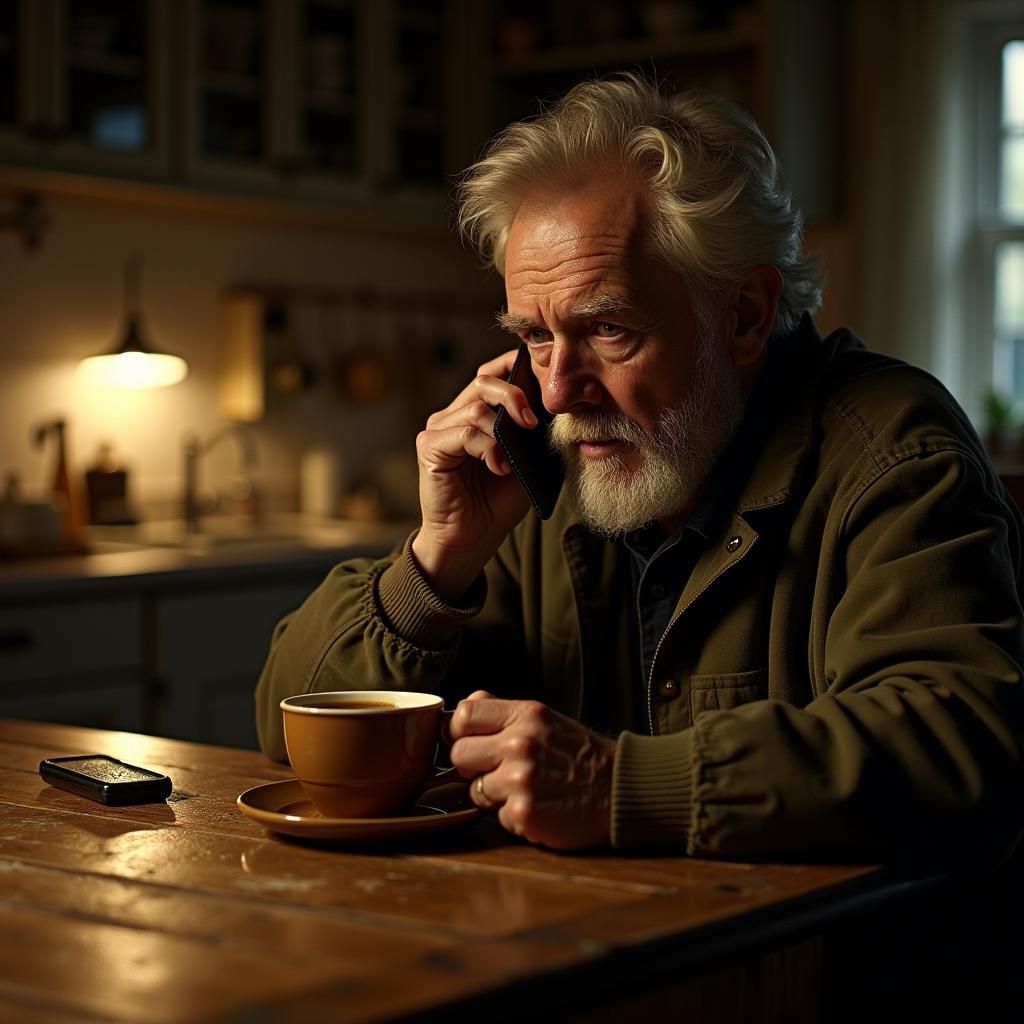 Man in Kitchen Speaking on Phone, Cinematic Style