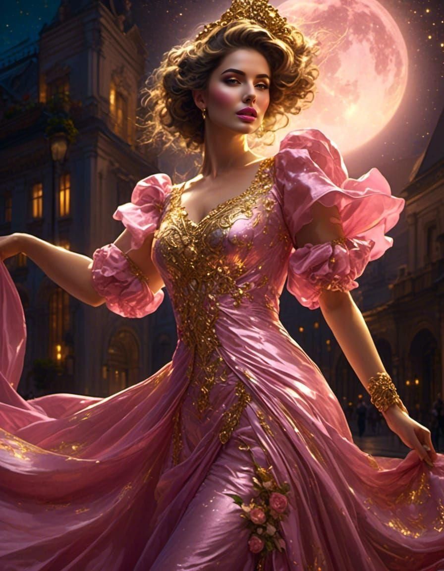 Elegant Woman in Pink and Gold Dress as Impasto Painting