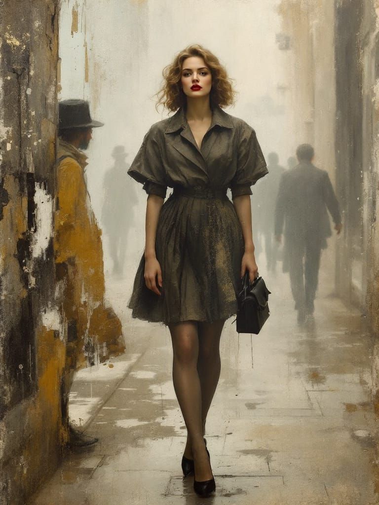 Pin Up Woman in Foggy Cityscape with Gothic Atmosphere